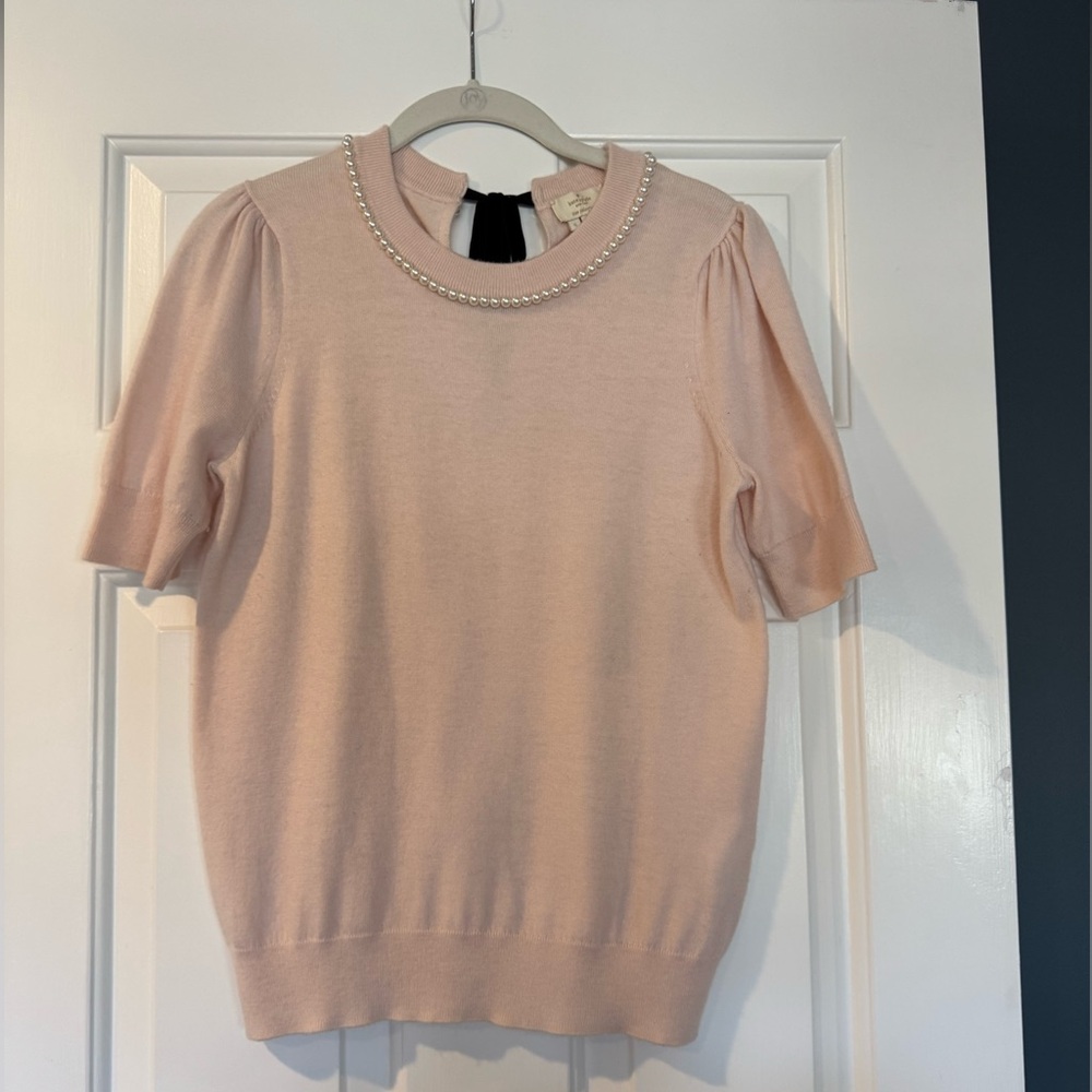 Kate Spade Light Pink Short Sleeve Sweater with Pearl Embellished collar (S)